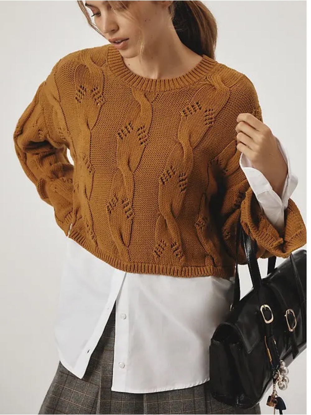 Pilcro Anthropologie Cable Knit Brown Twofer Sweater